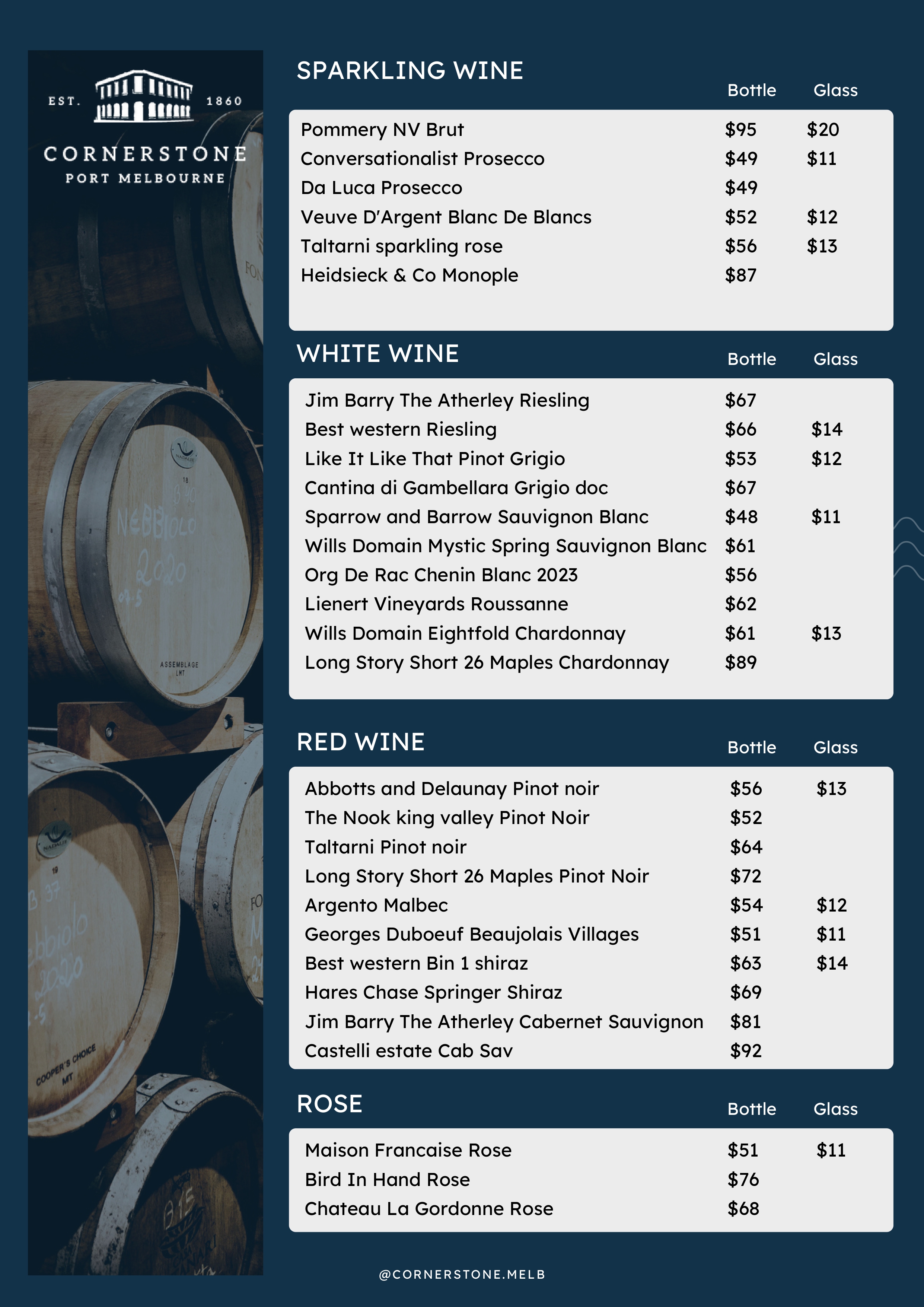 Cornerstone Pub drinks menu page 1 - featuring cocktails, wines, beers, and premium beverages available at Port Melbourne location