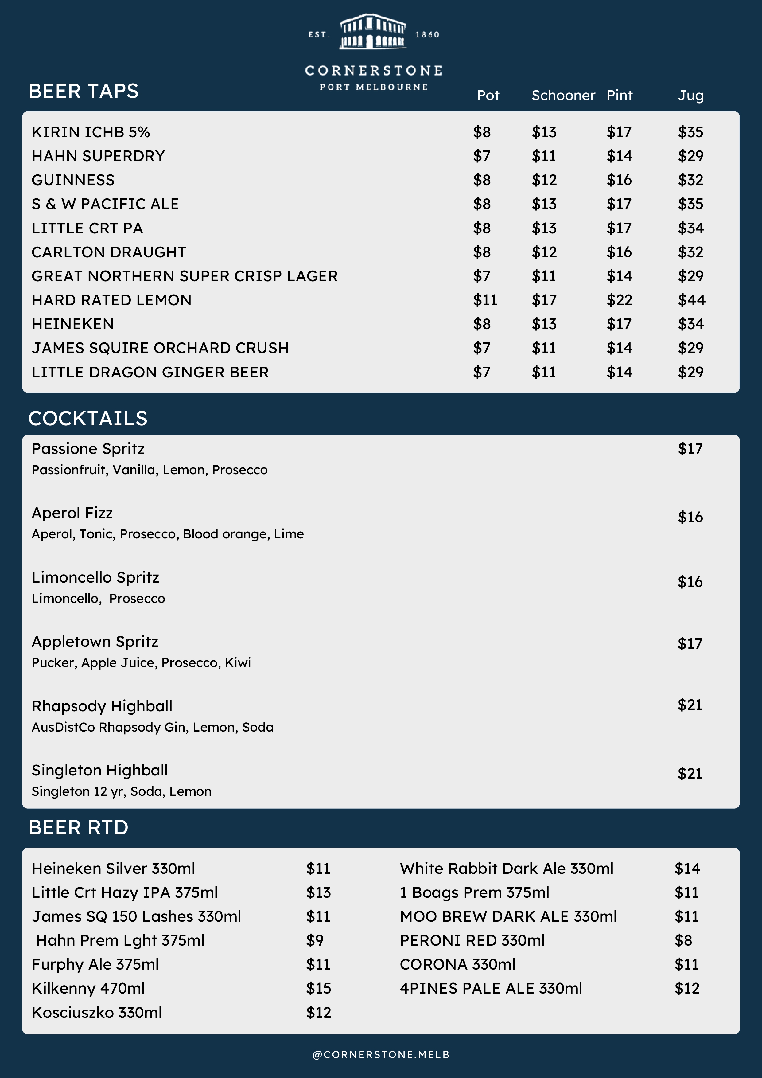 Cornerstone Pub drinks menu page 2 - complete beverage selection including spirits, cocktails, and specialty drinks